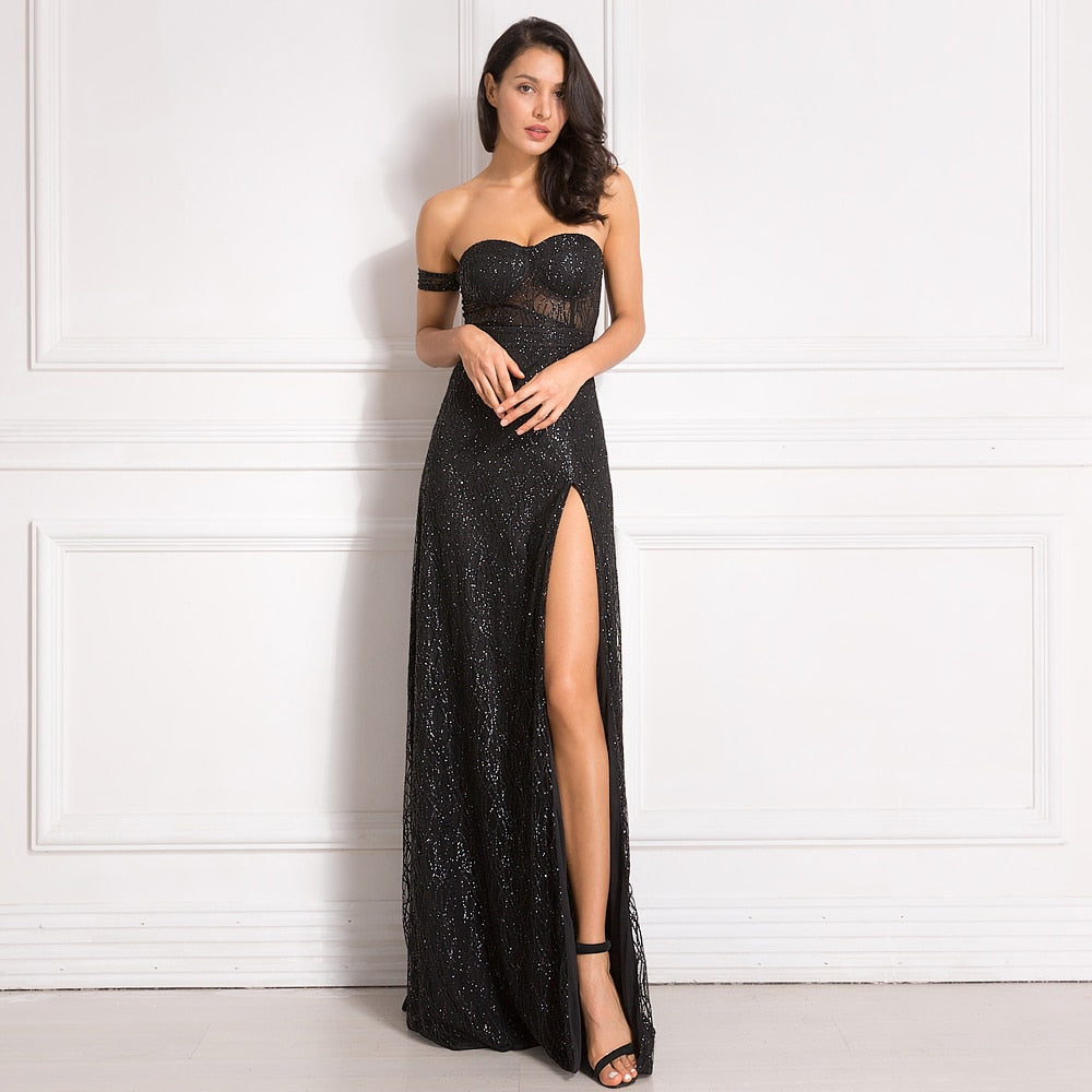 Graduation Prom Llyge  Black One Sleeve Strapless Glitter Tulle Cocktail Dress High Slit Hollow Out Illusion Padded Celebrity Long Party 2023 New