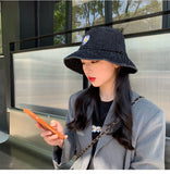LLYGE INS Korean GD Embroidery Daisy Bucket Hat For Women Summer Sun Caps Fashion Washed Denim Panama Fisherman Hat Sun Hat