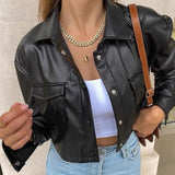 Llyge Streetwear Black Cropped Pu Leather Jackets Buttons Pockets Basic Autumn Winter Jacket Women Coat Moto Outwear Punk