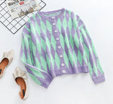 Back To School  Vintage Green Purple Plaid Knitted Cardigan Women Winter Soft Loose Sweater Female High Fashion Outerwear 2022