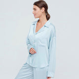 Llyge Solid Loose Female Pajamas Satin Turndown Collar Long Sleeve Pocket 2 Piece Set Pants Homewear Silk Women Sleepwear Suits
