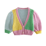 Girls Y2K Patchwork Knitted Cropped Cardigan 2023 Casual Woman Puff sleeve Short Cardigans Female High Street Outwear