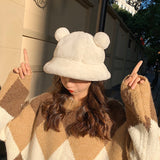LLYGE Winter Fashion Cute Leopard Bear Ear Bucket Hat For Women Thick Warm Faux Fur Furly Fisherman Cap Outdoor Protection Soft Panama