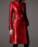 Autumn Long Red Crocodile Print Leather Trench Coat for Women Belt Double Breasted Elegant British Style Fashion 2023