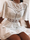 Back To School  Elegant White Floral Embroidery Cotton Dress Women Casual High Fashion Backless Short Mni Dresses High Waist Autumn Dress