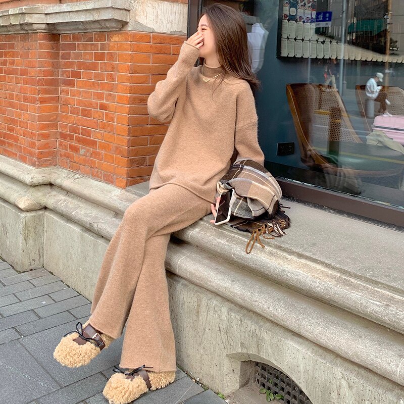 Women Two Piece Set Pullover Sweater Tracksuit High Waist Knit Fashion Straight Wide Leg Pants Suit Spring Clothes