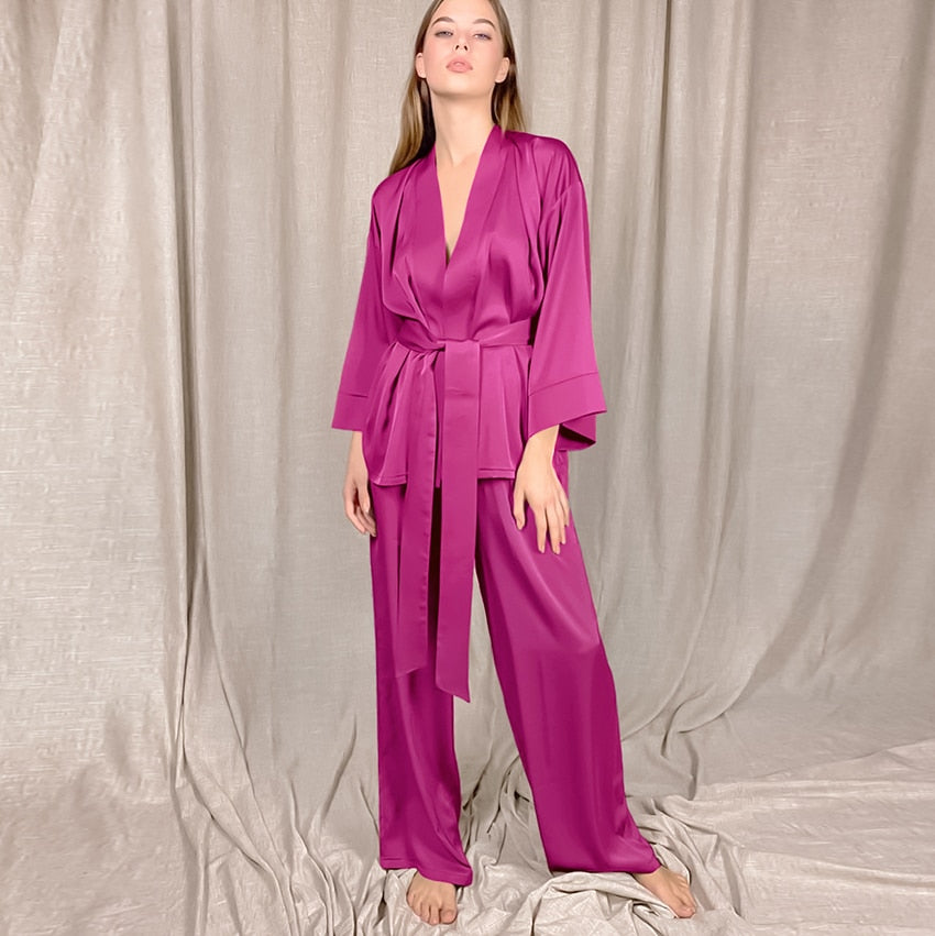 Llyge Solid Women Robes With Sashes 2 Piece Set Wrist Sleep Tops Satin Pants Loose Pajamas Casual Sleepwear Female Home Suits