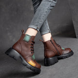 Llyge Women Ankle Boots Winter 2023 New Genuine Leather Shoes Zip Round Toe Wedges Retro Mixed Colors Platform Short Boots