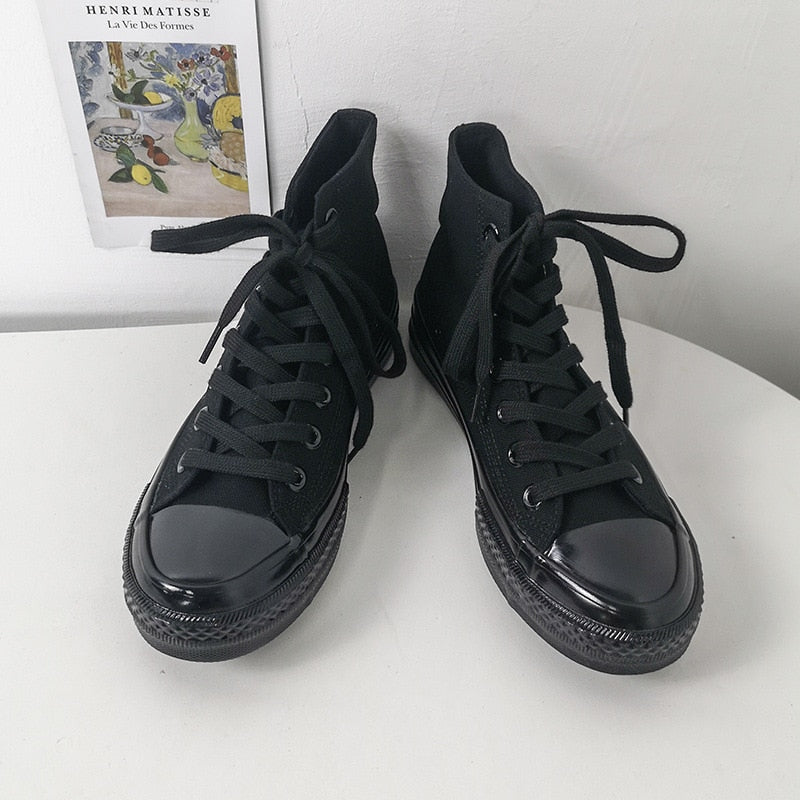 Classic Solid Black Unisex Canvas Shoes 2023 New Spring High-top Outdoor Casual Sneakers Comfortable Breathable Footwear 35-44