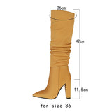 Llyge Black Yellow Beige Dark Gray Women Knee High Boots Fashion Pleated Pointed Toe Ladies Square High Heel Boots Special Fabric Shoe