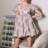 Llyge  Graduation Party French Princess Floral Dress Women  Backless Party Korean Mini Dress Female Casual Fairy Puff Sleeve Vintage Dress 2023 Y2k