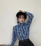 Llyge Japanese Style Turtleneck Blouses Women Floral Print Long Sleeve Shirt Chic Pleated Design Ladies Elegant Tops Korean