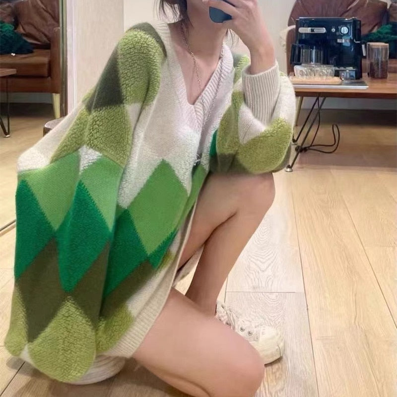 Llyge 2022 Autumn And Winter Three-Dimensional Rhombus All-Match V-Neck Thickened Female Loose Cashmere Knitted Sweater