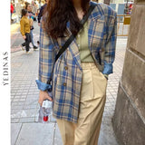Llyge New 2022 Autumn Winter Women's Blazers Oversize Plaid Buttons Pockets Jackets Notched Vintage Checkered Tops Korean