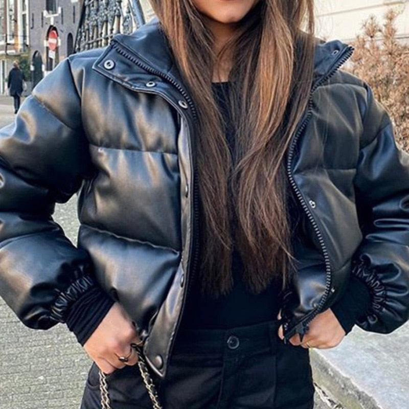 Llyge Winter Thick Warm Short Parkas Women Fashion Black PU Leather Coats Ladies Elegant Zipper Cotton Jackets Female Ouwear
