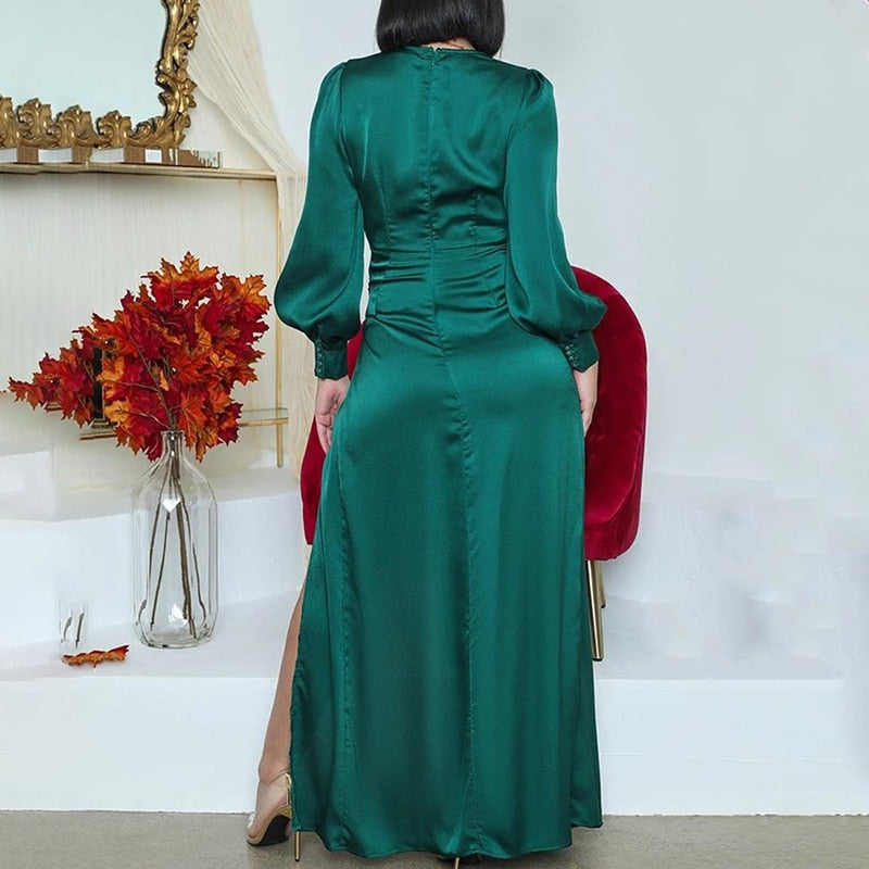 Llyge  Women's Long Evening Clothing Ladies Green Lantern Sleeve High Slit Wrap Maxi Floor Dress  Elegant Sukienka Flock Party Wear