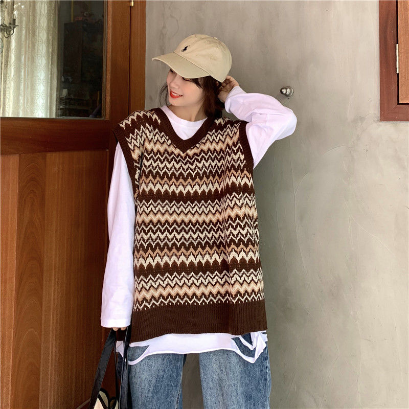 Llyge Sweater Tops Pull Vintage Brown Black Sweaters Vest Women Preppy Style Plaid Knitted Sweater V-Neck Loose Sleeveless Pullover