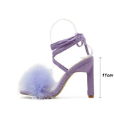 LLYGE 2022 New Summer Sandals Fashion Purple Green Feather Ankle Strap Women's High Heels 11CM Sandals Female Party Shoes