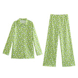 LLYGE 2022 Vintage Green Geometric Women Suit Oversized Long Shirts Women And High Waist Wide Leg Long Pants Casual Women Sets