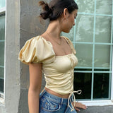 Llgye 2024 Summer Puff Sleeve Vintage Crop Tops Blouses Women Short Sleeve Square Neck Bandage Shirts Eleagnt  Tops Female