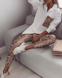 Llyge  Spring Two Piece Outfits Women Trending Turn Down Collar Sequins Snake Contrast Pocket Top & Long Pants Female Casual Tracksuit