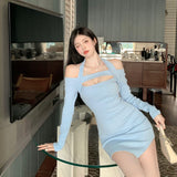 Llyge  2023 Korean New Women's  Halter Hollow out Strapless Dresses  Autumn Ladies Slim Thin Hip skirt dress Long sleeve Mini Dress