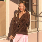 Llyge 90S Y2K Hoodies Brown Oversized Velvet Zipper Front Long Sleeve Sweatshirts Wth Pockets Hooded Women Clothing