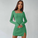 LLYGE Autumn 2023 Bodycon Knitted Dress Women Long Sleeve  Split Party Casual Mini Dress Elegant Fall Black Green Women's Clothes