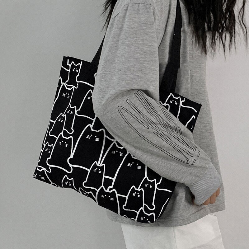 Llyge  2023  Canvas Bags Handbag for Women Shopper Cute Cat Tote Bag with Zipper Designer Bag Japanese Style Cartoon Small Shoulder Bags