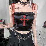 Llyge Halloween Gothic Cross Print Black Camis Grunge Harajuku Lace Up Corset Tops  Gothic Backless Casual Vest Summer Chic Street Club Tops