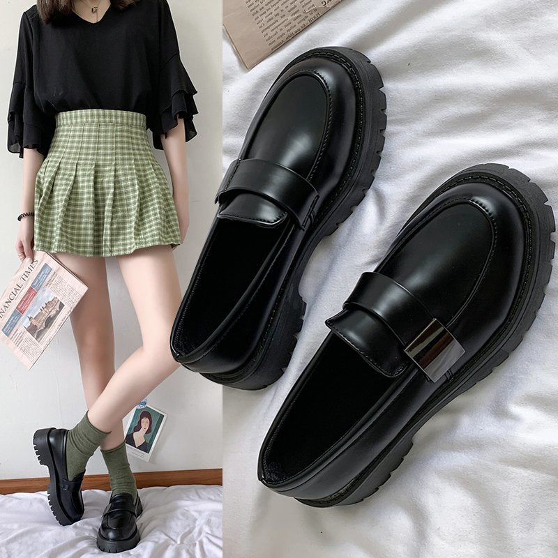 Llyge 2022 Casual Women Loafers Woman Solid Black PU Leather Zapatos De Mujer  Slip On Flats Round Toe Platform Shoes