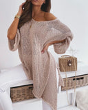 Llyge  Trendy Solid Color V-Neck Drop Shoulder Split Hem Open Knit Sweater Casual Oversized Sweater Womens Pullover Tops