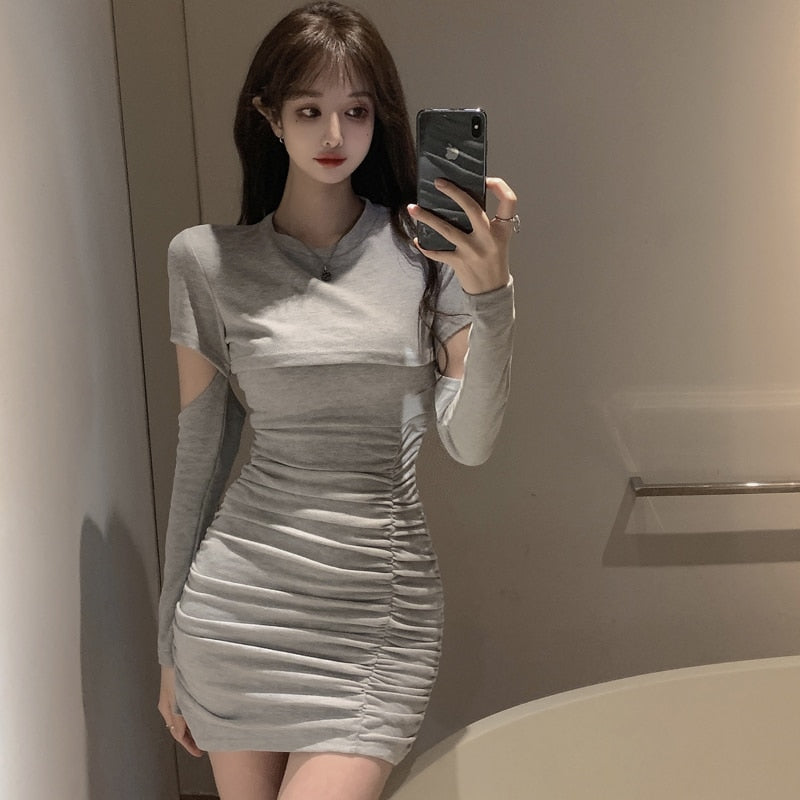 Llyge  2023  Korean Ladies Tight-fit Slim Sling Dress Hollow out sleeve Short top  Temperament Two-piece suit  Autumn New Women Suit