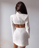 LLYGE 2023 Office Lady Chic White Backless Mini Blazer Dress Women Long Sleeve V Neck Double Breasted Dress Autumn