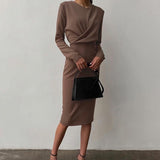 Llyge  Graduation party  Women's Dress for New Year 2023 O-Neck Long Sleeve Knee-Length Straight Elegant Party Dresses Autumn Solid Casual Office Lady