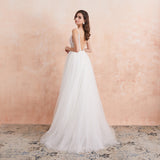 V Neck Wedding Dress White Ivory  High Splits Beaded Beading Pearls Crystal A Line Backless Bridal Gown Vestido De Noiva