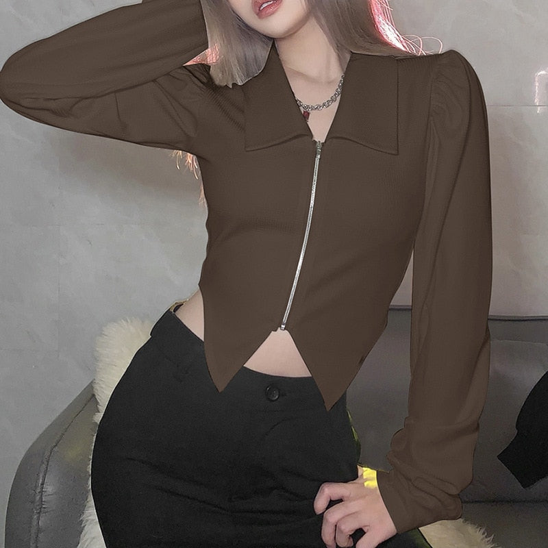Llyge  Graduation party  Vintage Women's Shirts Chic Long Sleeve Lapel Collar Office Lady Blouse Solid Casual Zipper Top Woman Winter Fashion