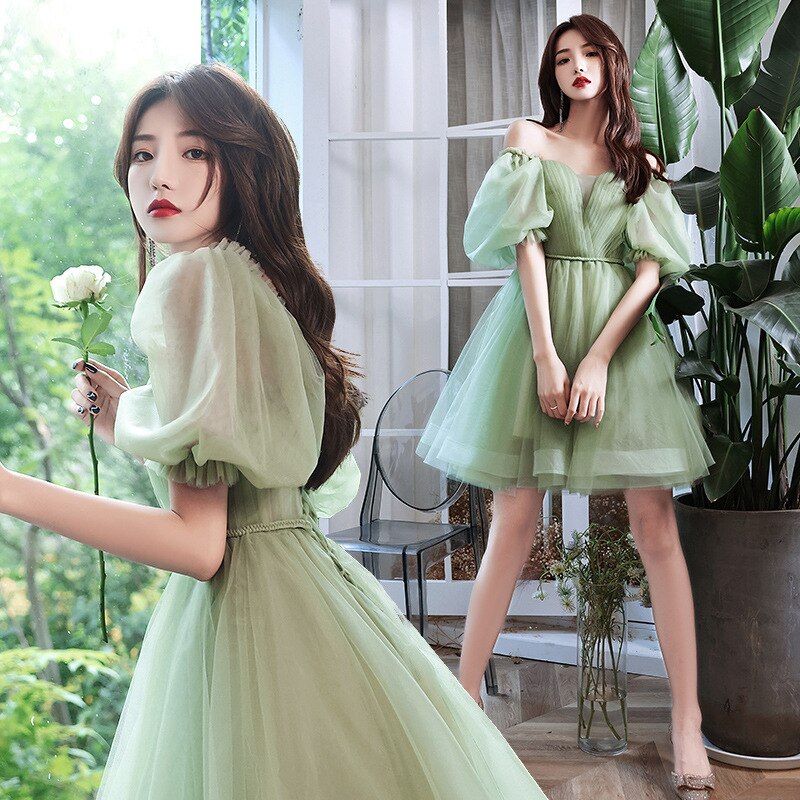 Llyge 2023 Green Puff Sleeve V-Neck Short Women Evening Dress High Waist Solid Lace Up Princess Dress Summer New Birthday Party Prom Gowns 0506