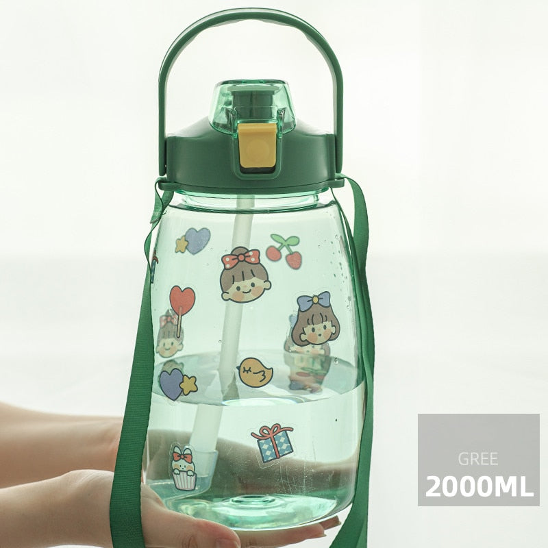 Llyge  2023  Large Capacity Water Bottle Plastic Kawaii Cup Cute Portable Summer Sports Outdoor Girl Child Tumbler With Straw Strap BPA Free