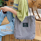 Llyge Vintage Plaid Women Canvas Shopping Bags Female Thin Strap Cloth Handbags Student Girls Travel Casual Tote Large Shoulder Bag