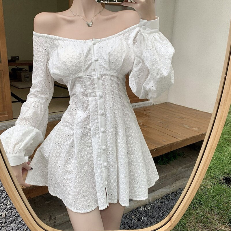 Llyge  2023 Autumn New Women  Short Chic Polyester Dresses Casual Long Sleeve Shirt Dress Female Square Neck White Midi Dress Vestidos
