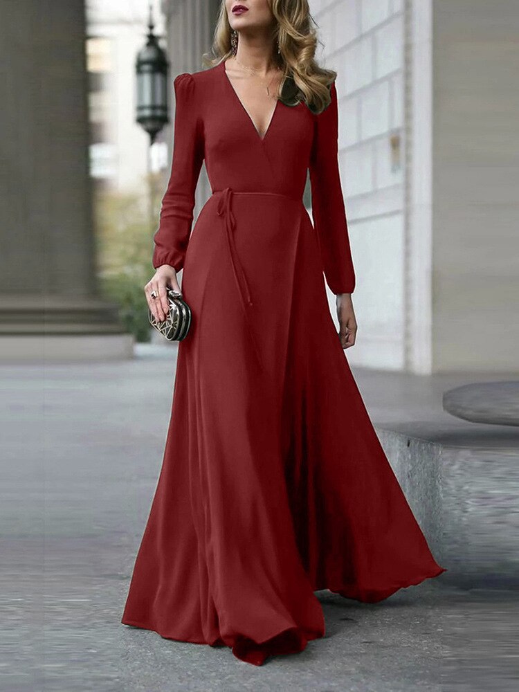 Llyge Elegant Women V Neck Long Sleeve Satin Sundress Stylish Solid A-Line Maxi Casual High Waist Vestido Robe Party Long Dress