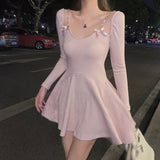 Llyge  2023 Spring Casual Long Knit One-Piece Dress Sleeve  Sweater Mini Dress Women Outwear Party Elegant Dress Female Cute