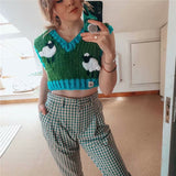 Girls Y2K Green Patchwork Knitted Short Vest Spring Cute V Neck Cropped Knitwear Female Fashion Crochet Vests