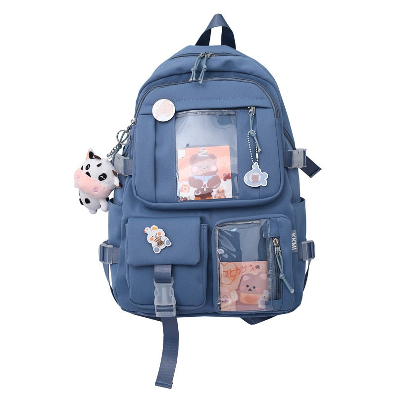 LLYGE Christmas Gift New Solid Color Cute Backpack Women Daily School Bag For Teen Girls Student Bag Kawaii Badge Backpack