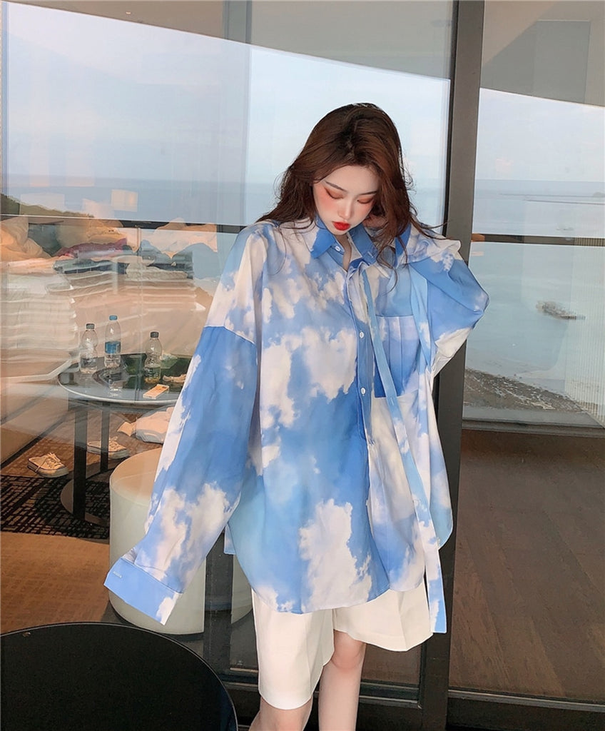 Llyge BF Rendering Blouse Women Korean Harajuku Loose Blue Sky White Clouds Tie-Dye Gradient Blouse Oversize Shirt Long Sleeve Shirt