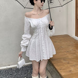 Llyge  2023 Autumn New Women  Short Chic Polyester Dresses Casual Long Sleeve Shirt Dress Female Square Neck White Midi Dress Vestidos