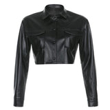 Llyge Streetwear Black Cropped Pu Leather Jackets Buttons Pockets Basic Autumn Winter Jacket Women Coat Moto Outwear Punk