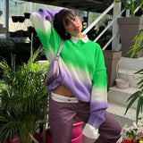 LLYGE Gradient Fluorescent Color Sweater Women Fall Street wear Pullover Loose Long-sleeve Knitted Sweater Casual Woolen Top