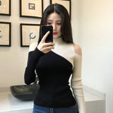 Llyge INS New Women Long Sleeve Black Patchwork Knitted Ribbed Pull  Sweater Cold Shoulder Off Top Femme Pullover Clothes